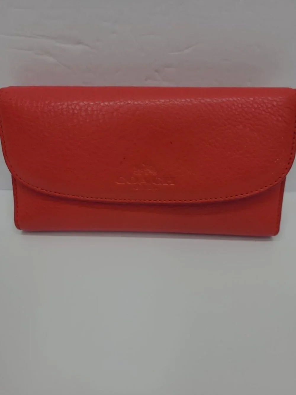 Coach Pebbled Leather Wallet Coral Red Checkbook Wallet Tri-Fold Snap